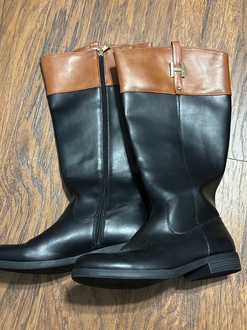 Tommy Hilfiger Black and Brown Leather Riding Boots